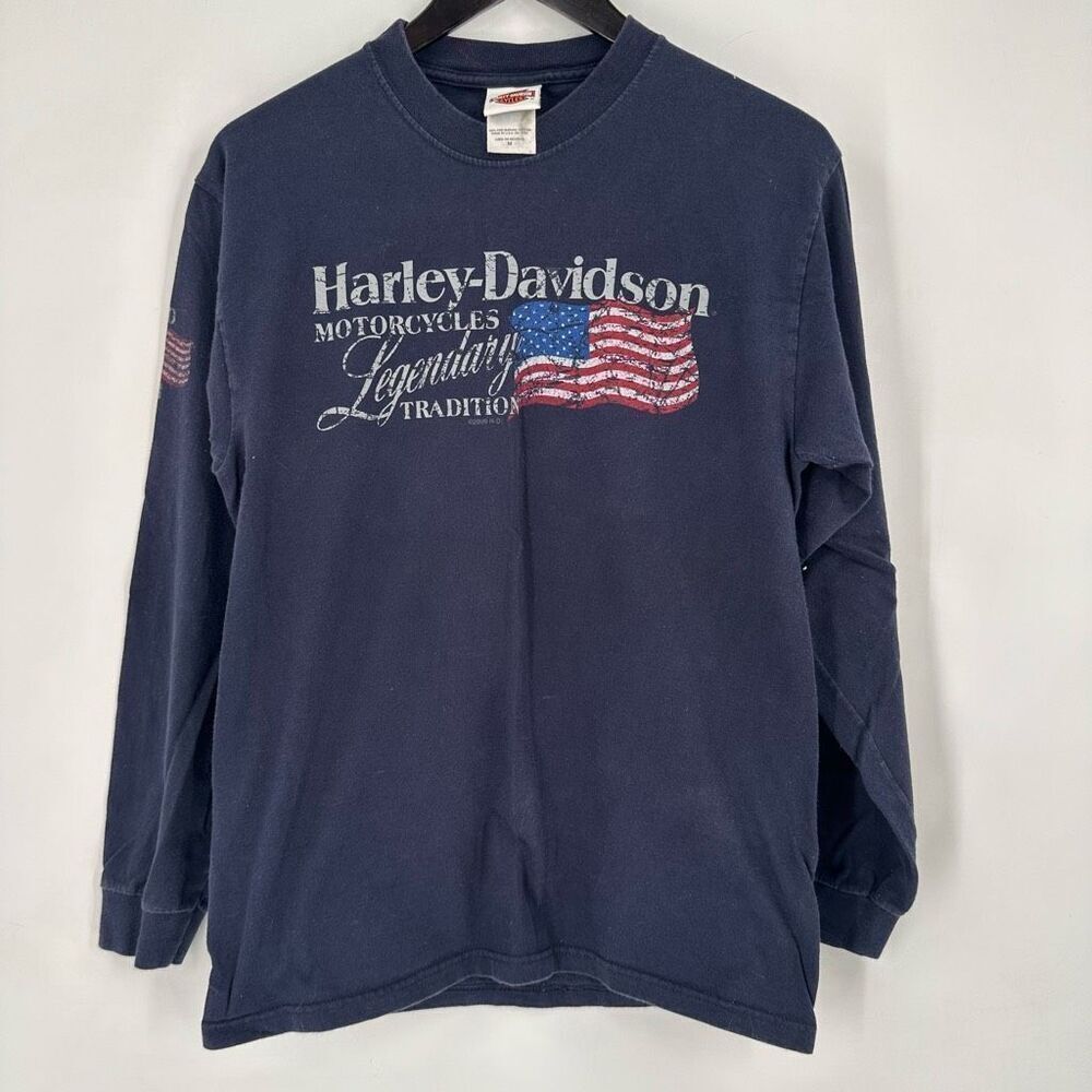Vintage Y2K Harley Davidson Men’s T-Shirt Blue American Flag Myrtle Beach Medium